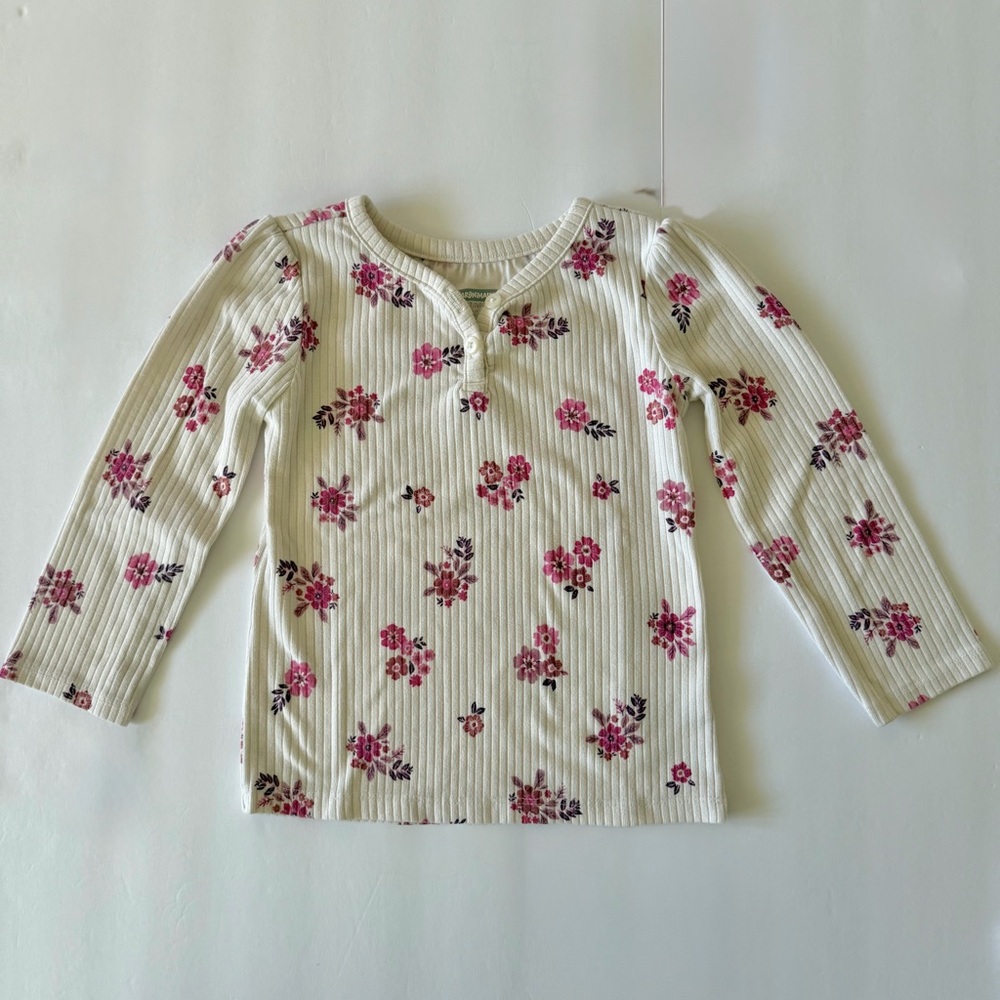 Garanimals Toddler Girls Cream Ribbed Long-Sleeve Top with Pink Floral Print 3T